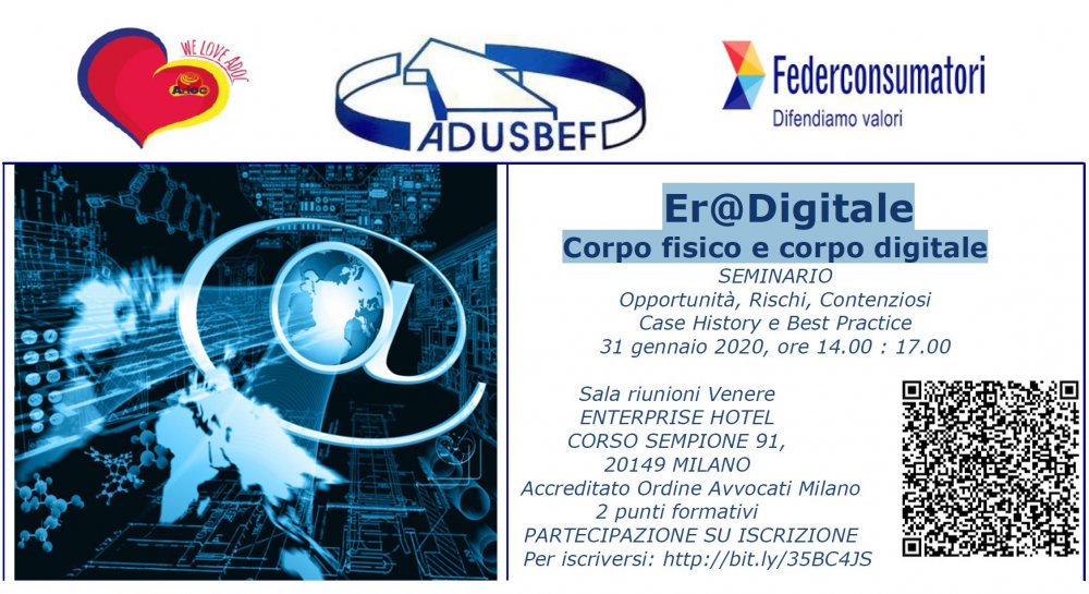 Er@Digitale Corpo fisico e corpo digitale - 31/01/2020 a Milano con il patrocinio di Ius Et Vis